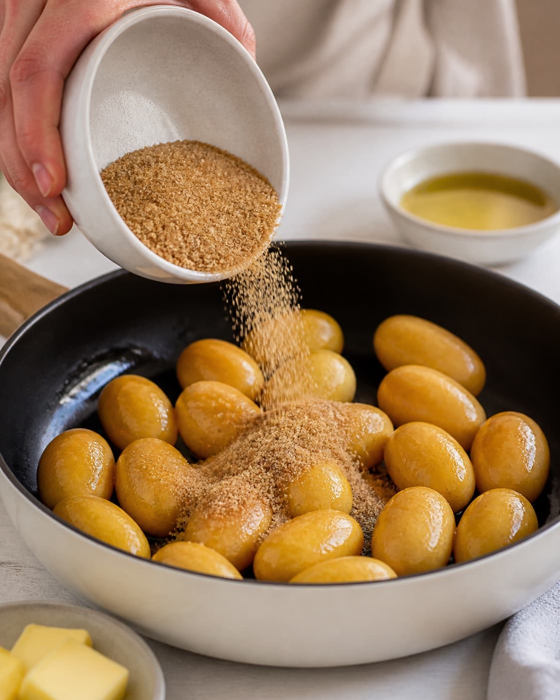 Prepared dry ingredients for brunede kartofler with kartofler, rørsukker, smør, rapsolie under tilberedningen af brunede kartofler