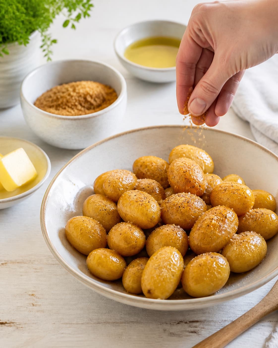 brunede kartofler being evenly seasoned before roasting under tilberedningen af brunede kartofler
