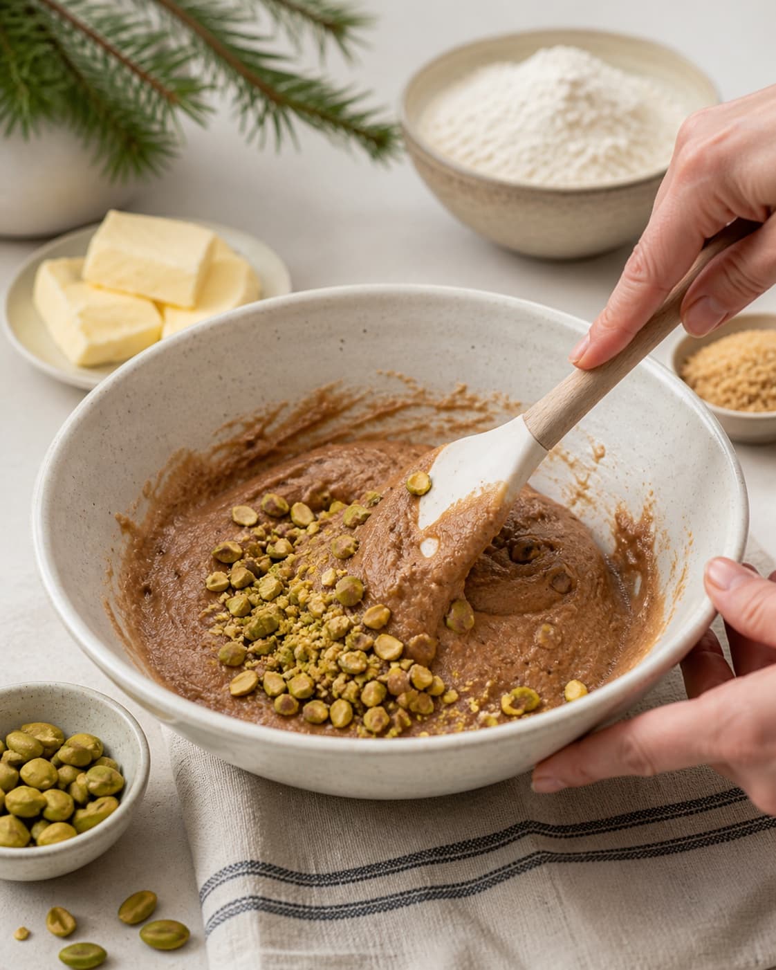 The batter or dough for brunkager med pistacienødder being gently combined under tilberedningen af brunkager med pistacienødder