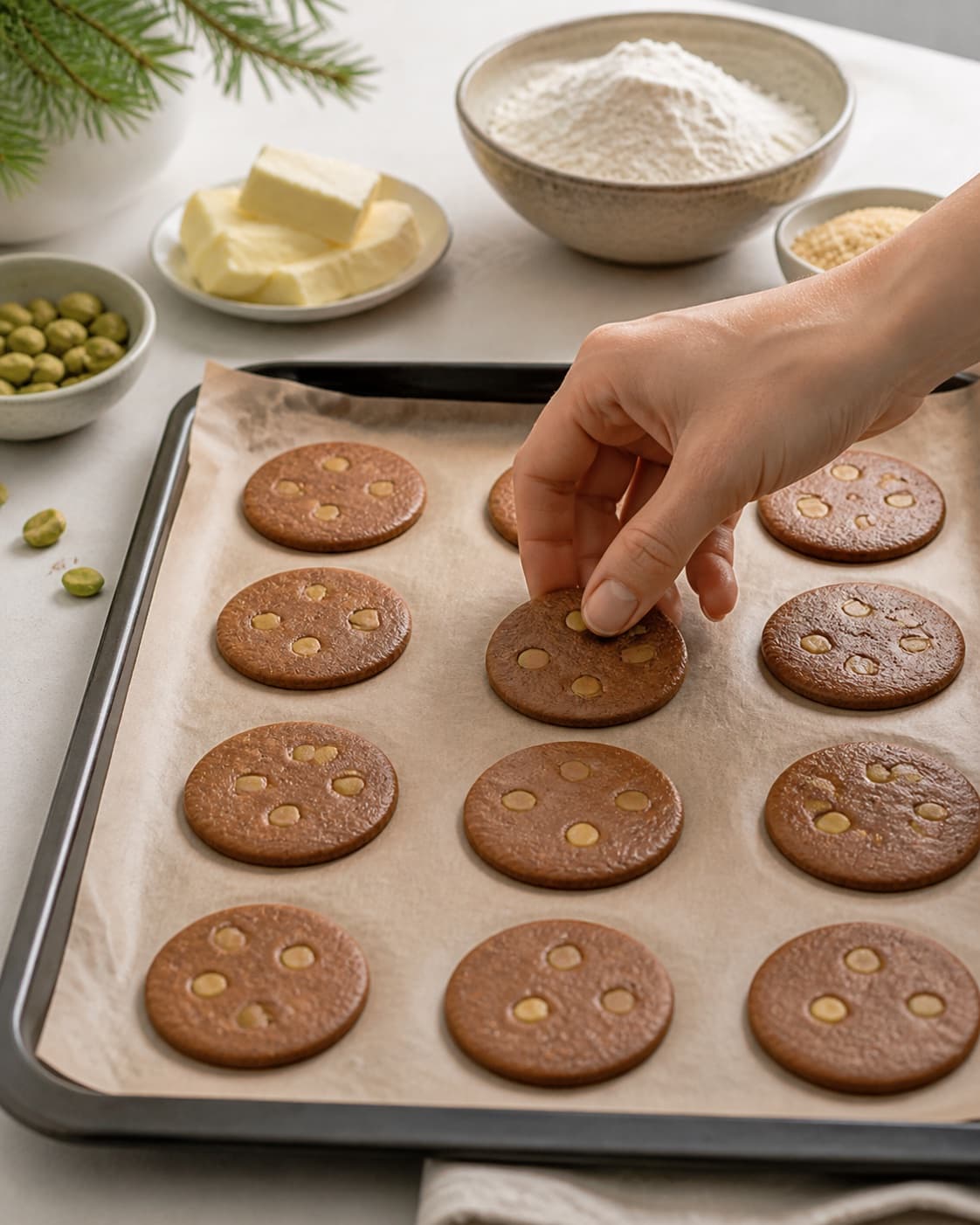 brunkager med pistacienødder being portioned evenly before baking under tilberedningen af brunkager med pistacienødder