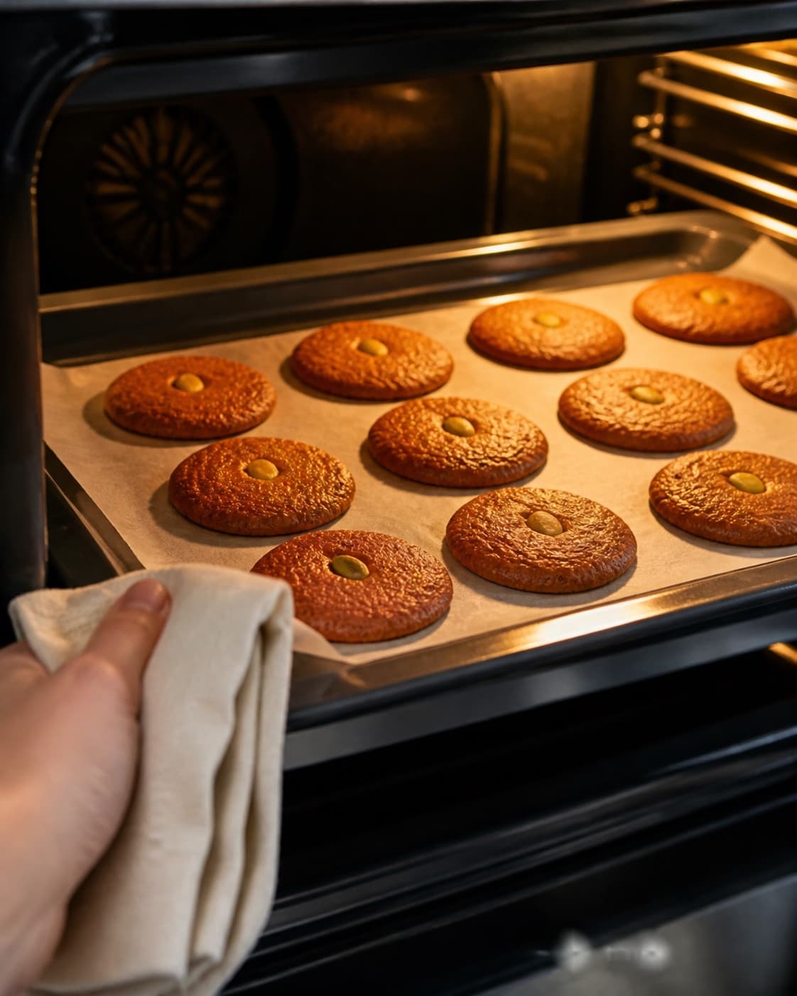 brunkager med pistacienødder baking until golden with a visibly set centre under tilberedningen af brunkager med pistacienødder