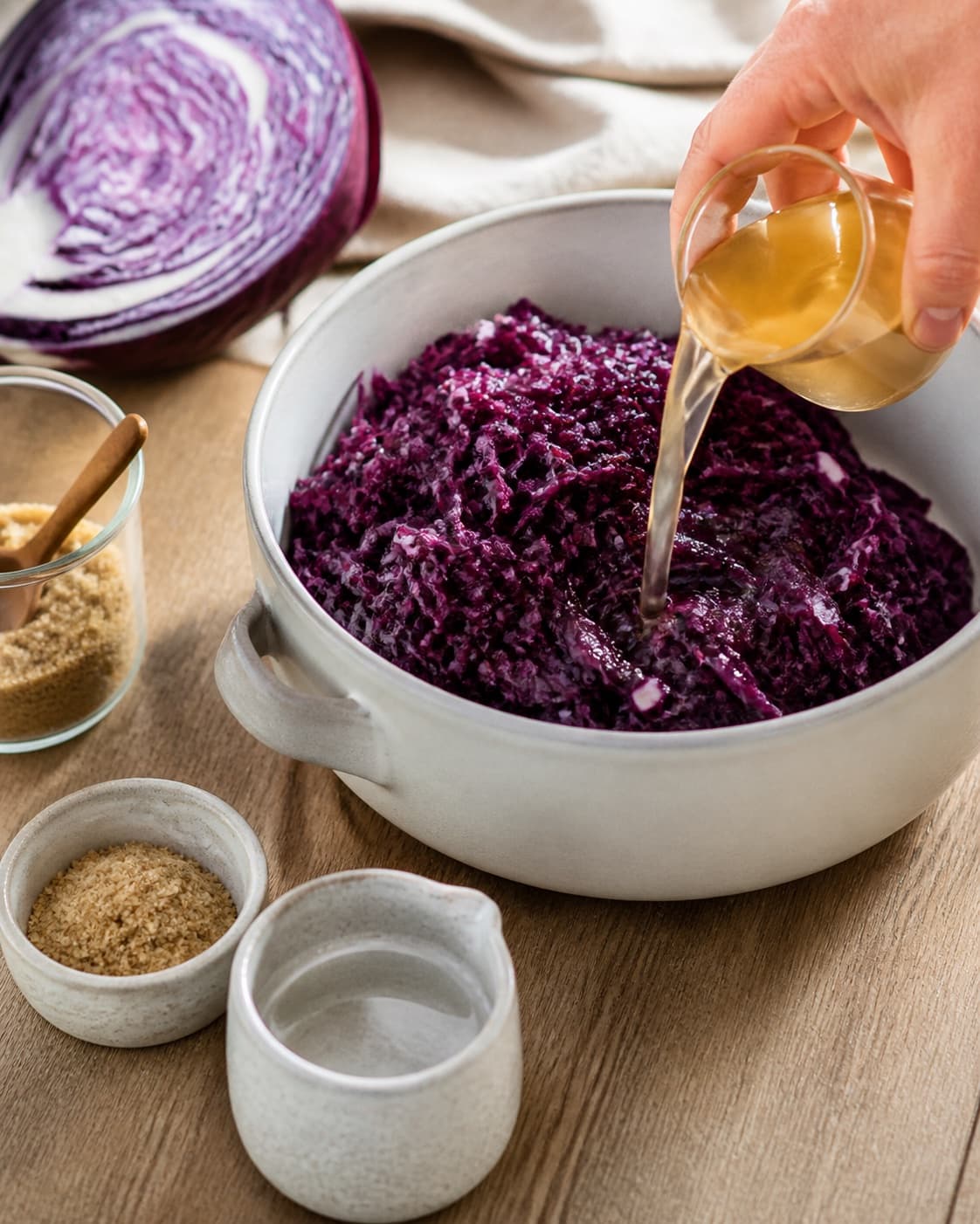 Clean measured ingredients and prepared jars for hjemmelavet rødkål with rødkål, æblecidereddike, rørsukker, vand under tilberedningen af hjemmelavet rødkål