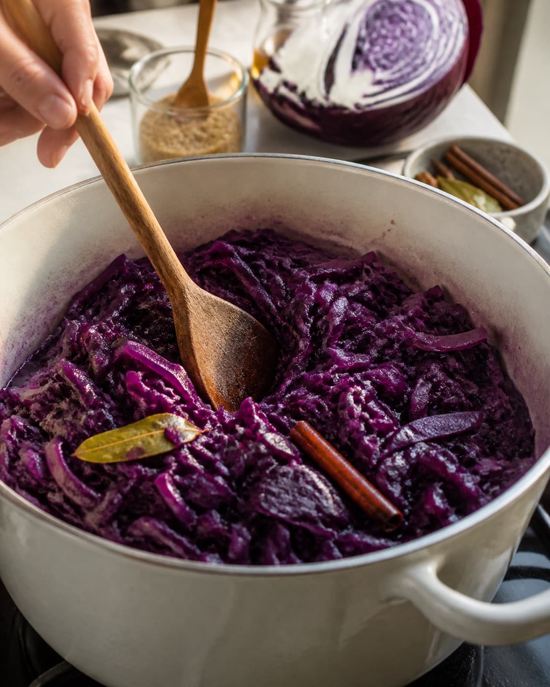 Ingredients for hjemmelavet rødkål gently releasing juice in a pot under tilberedningen af hjemmelavet rødkål