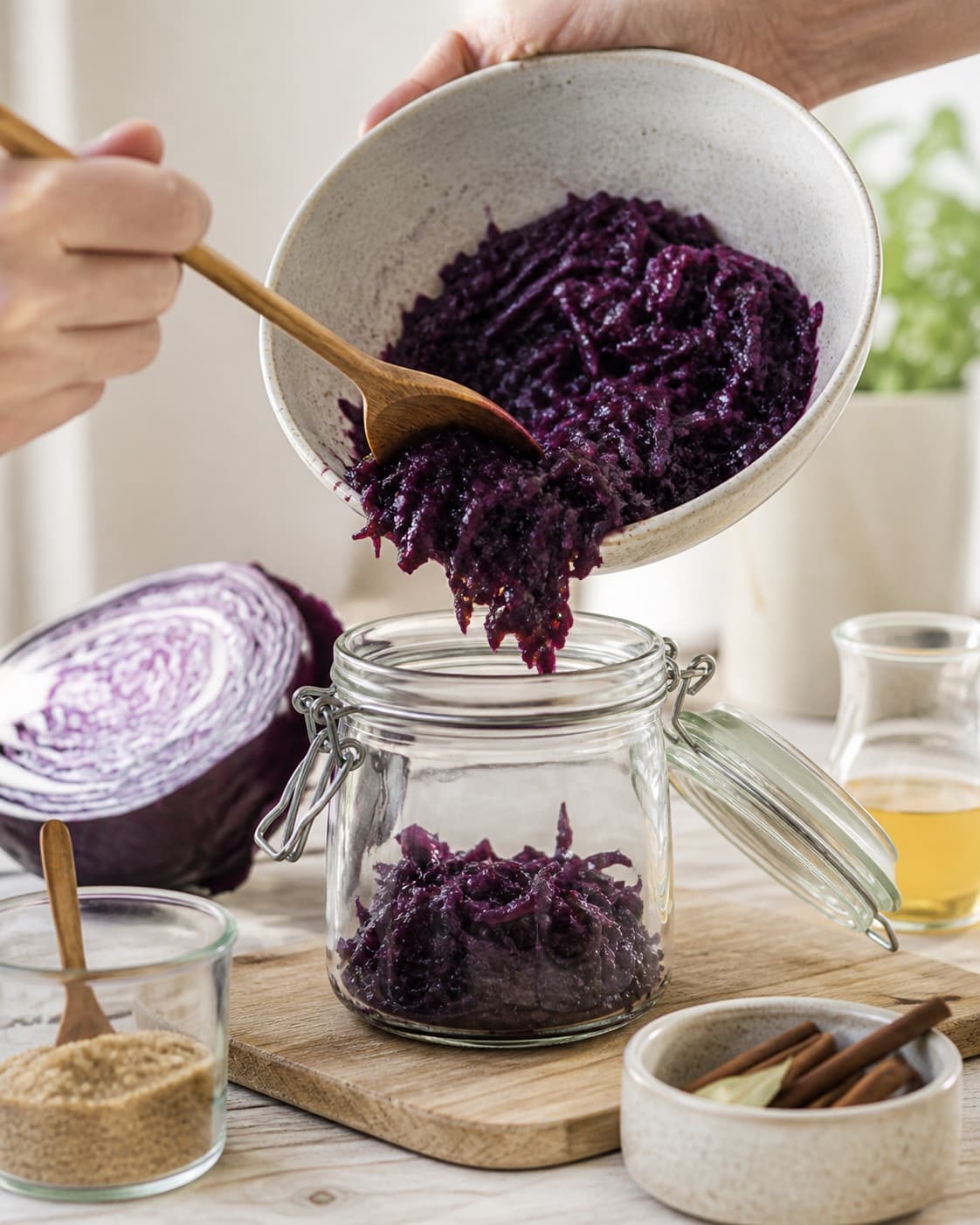 Hot finished hjemmelavet rødkål being carefully transferred into a clean jar under tilberedningen af hjemmelavet rødkål