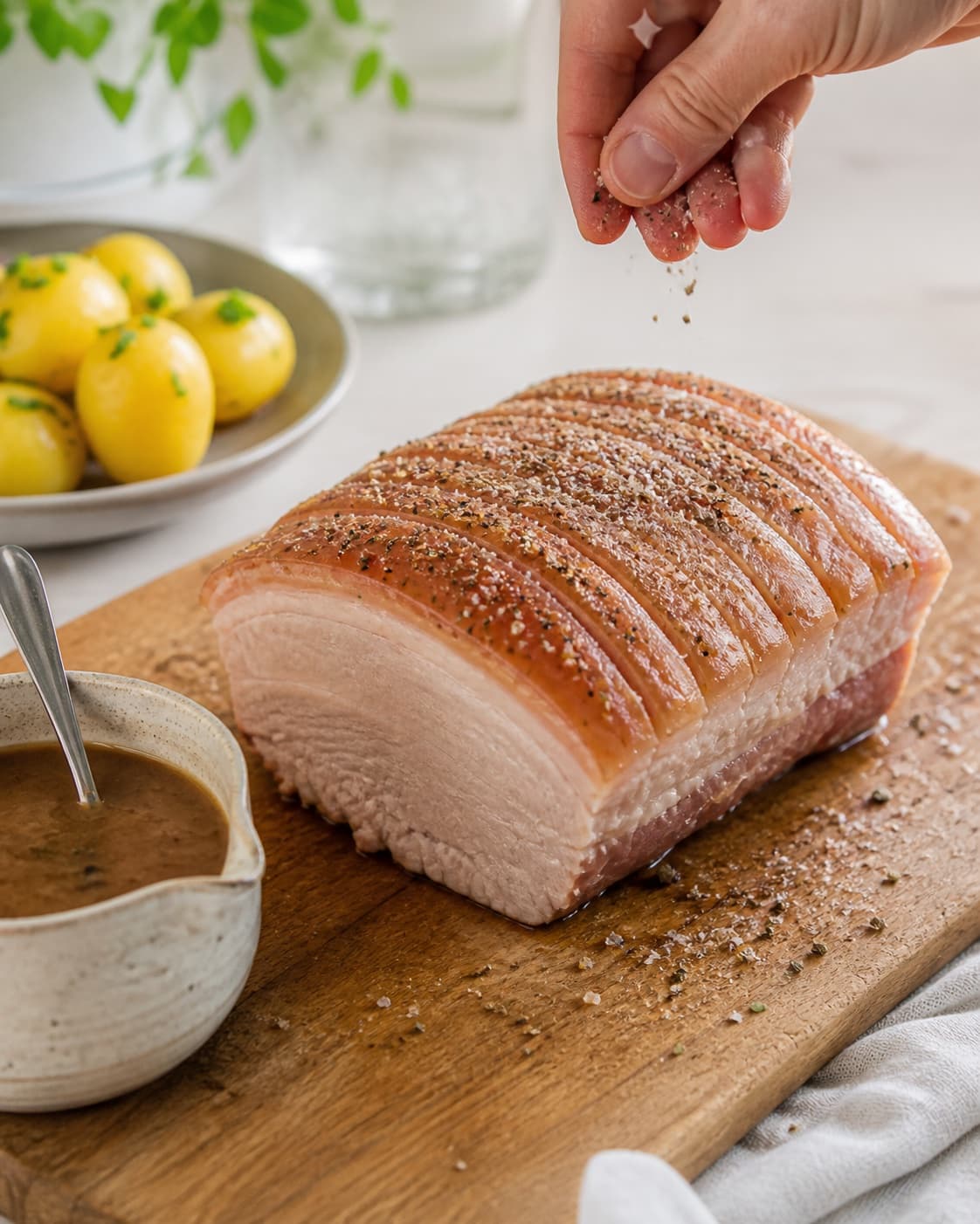 flæskesteg og flæskestegssauce being evenly seasoned before roasting under tilberedningen af flæskesteg og flæskestegssauce