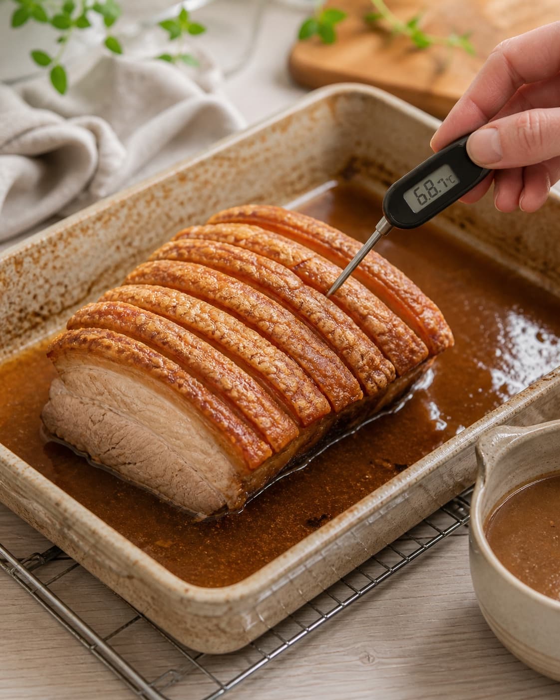 flæskesteg og flæskestegssauce roasting evenly while its centre temperature is checked under tilberedningen af flæskesteg og flæskestegssauce