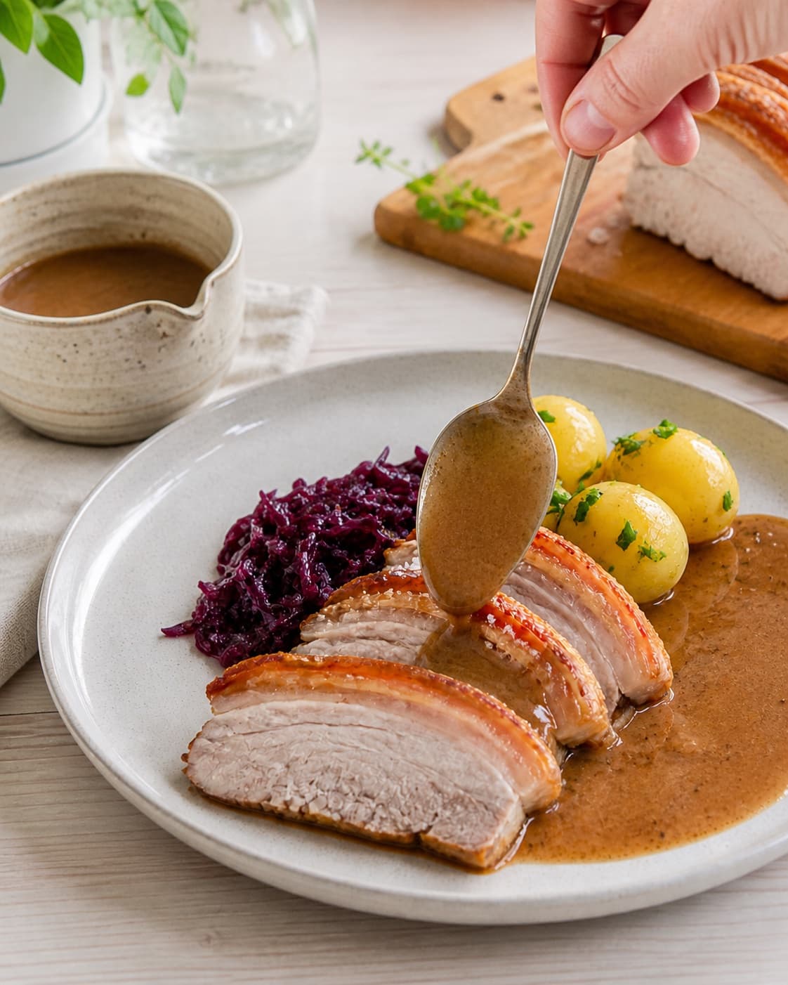 Finished flæskesteg og flæskestegssauce resting before the final garnish under tilberedningen af flæskesteg og flæskestegssauce