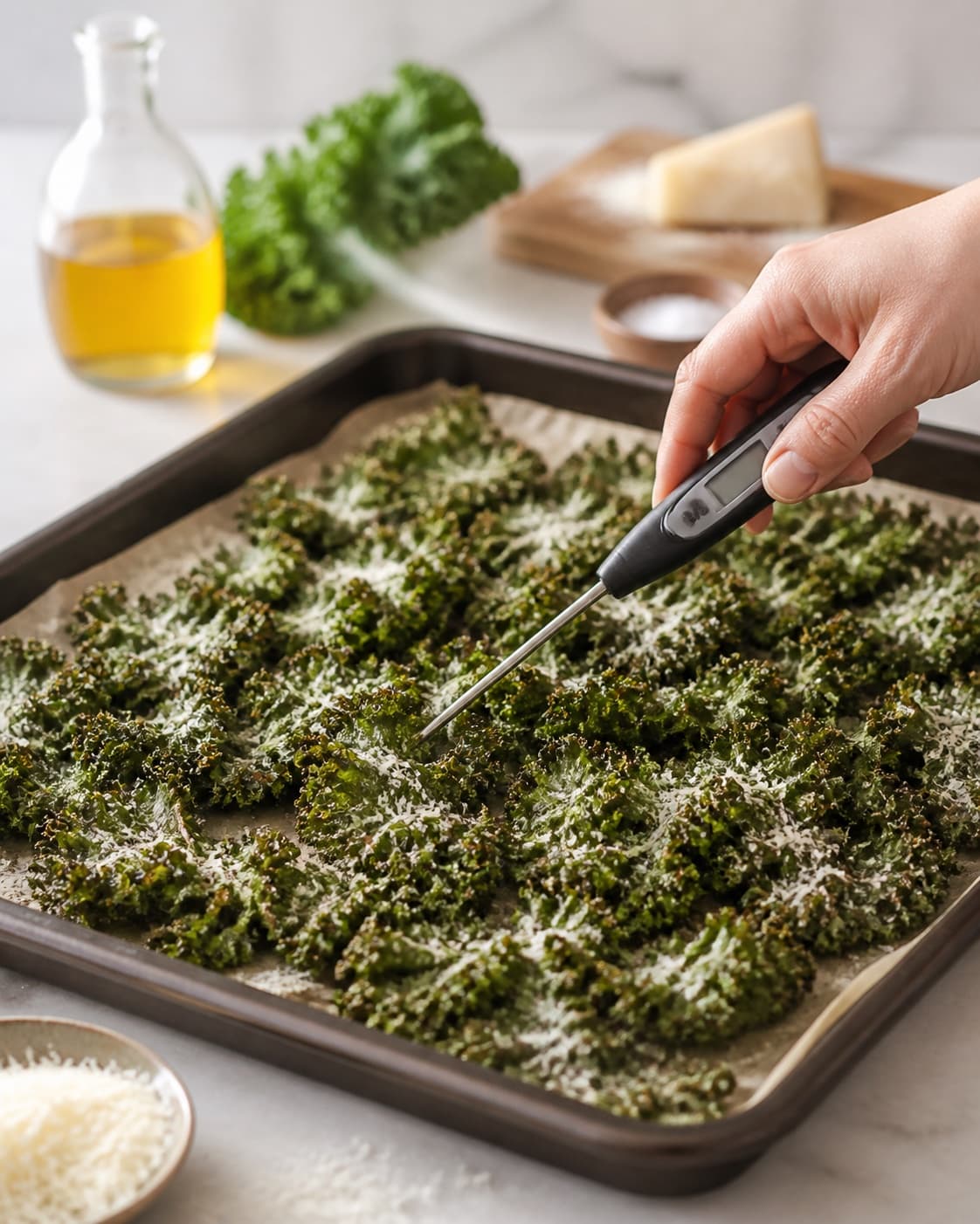 grønkålschips med parmesan roasting evenly while its centre temperature is checked under tilberedningen af grønkålschips med parmesan