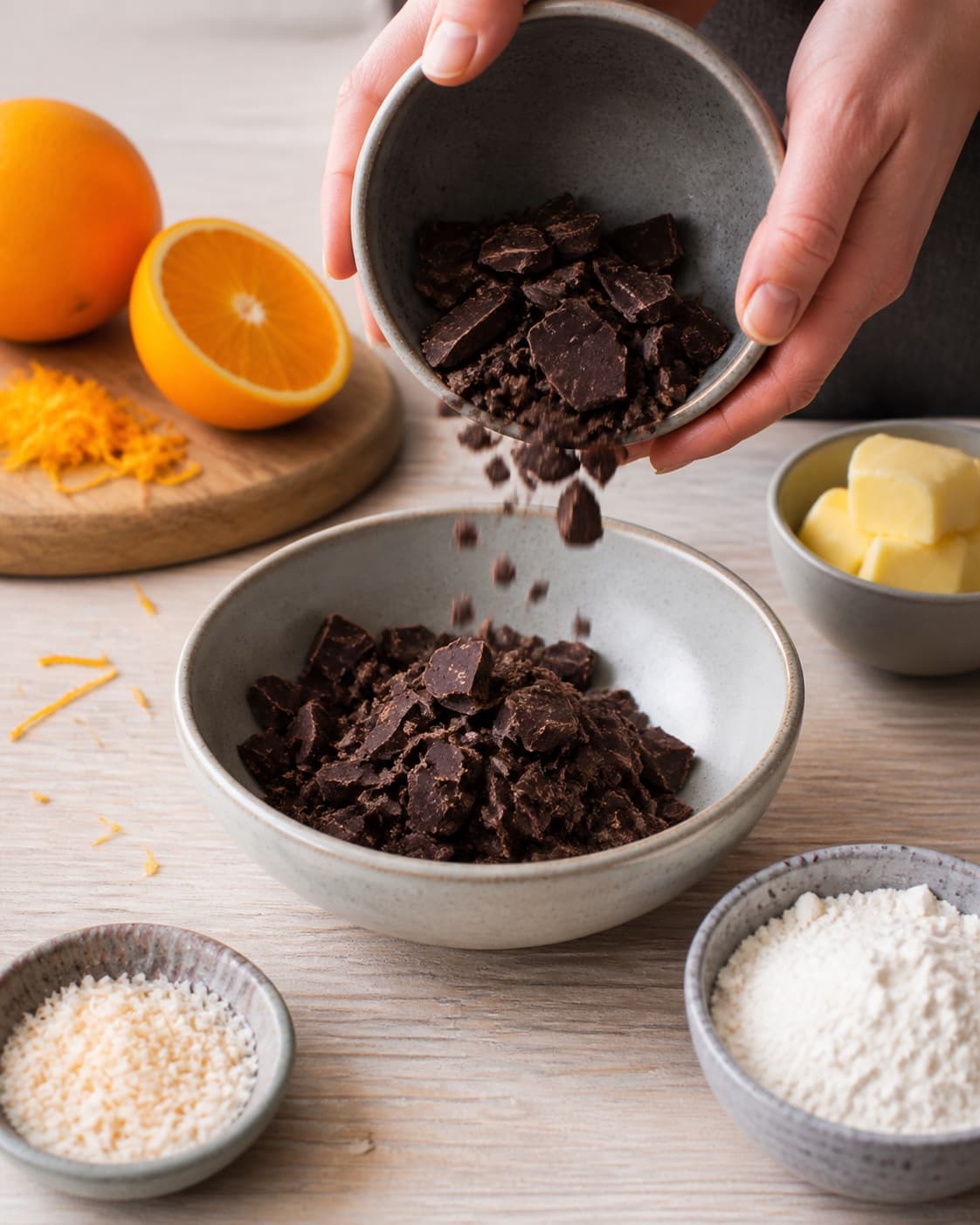 Measured ingredients for orangekugler med chokolade arranged separately with økologisk appelsin, mørk chokolade, hvedemel, smør under tilberedningen af orangekugler med chokolade