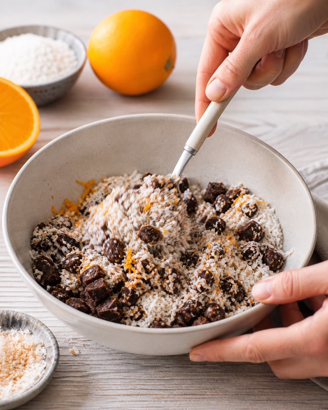 The batter or dough for orangekugler med chokolade being gently combined under tilberedningen af orangekugler med chokolade