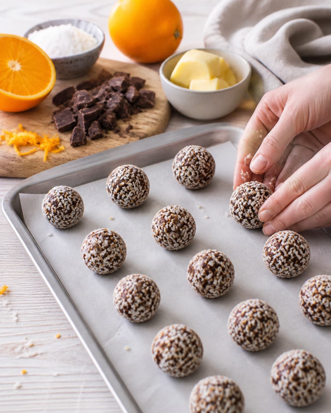 orangekugler med chokolade being portioned evenly before baking under tilberedningen af orangekugler med chokolade