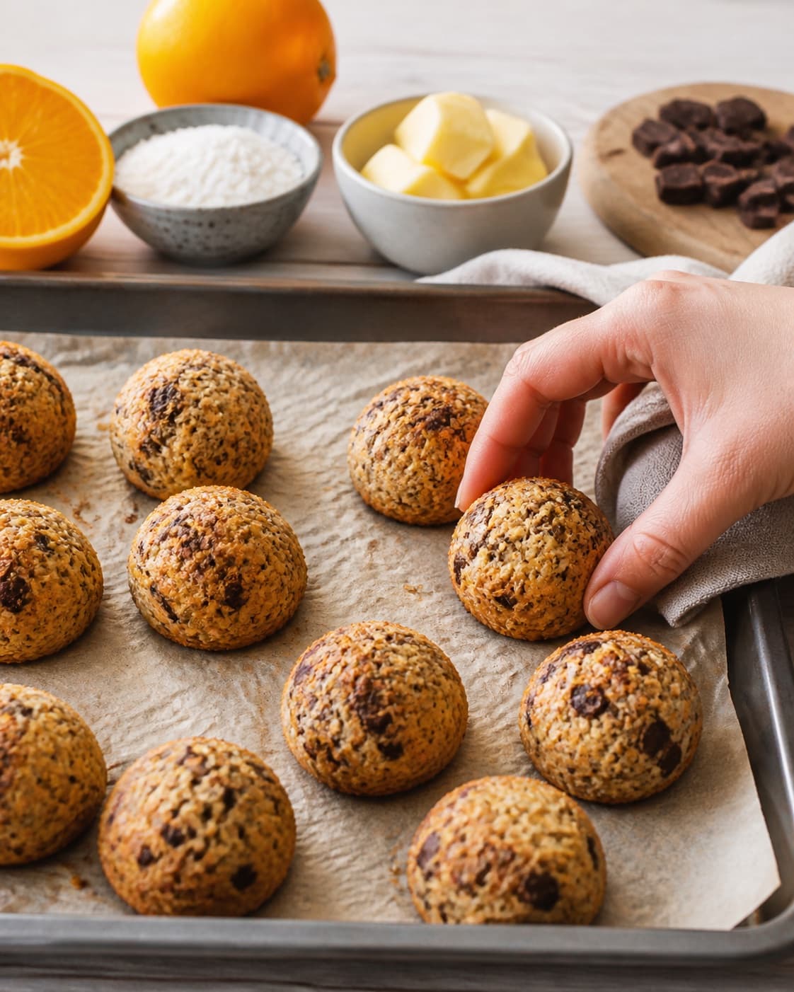 orangekugler med chokolade baking until golden with a visibly set centre under tilberedningen af orangekugler med chokolade