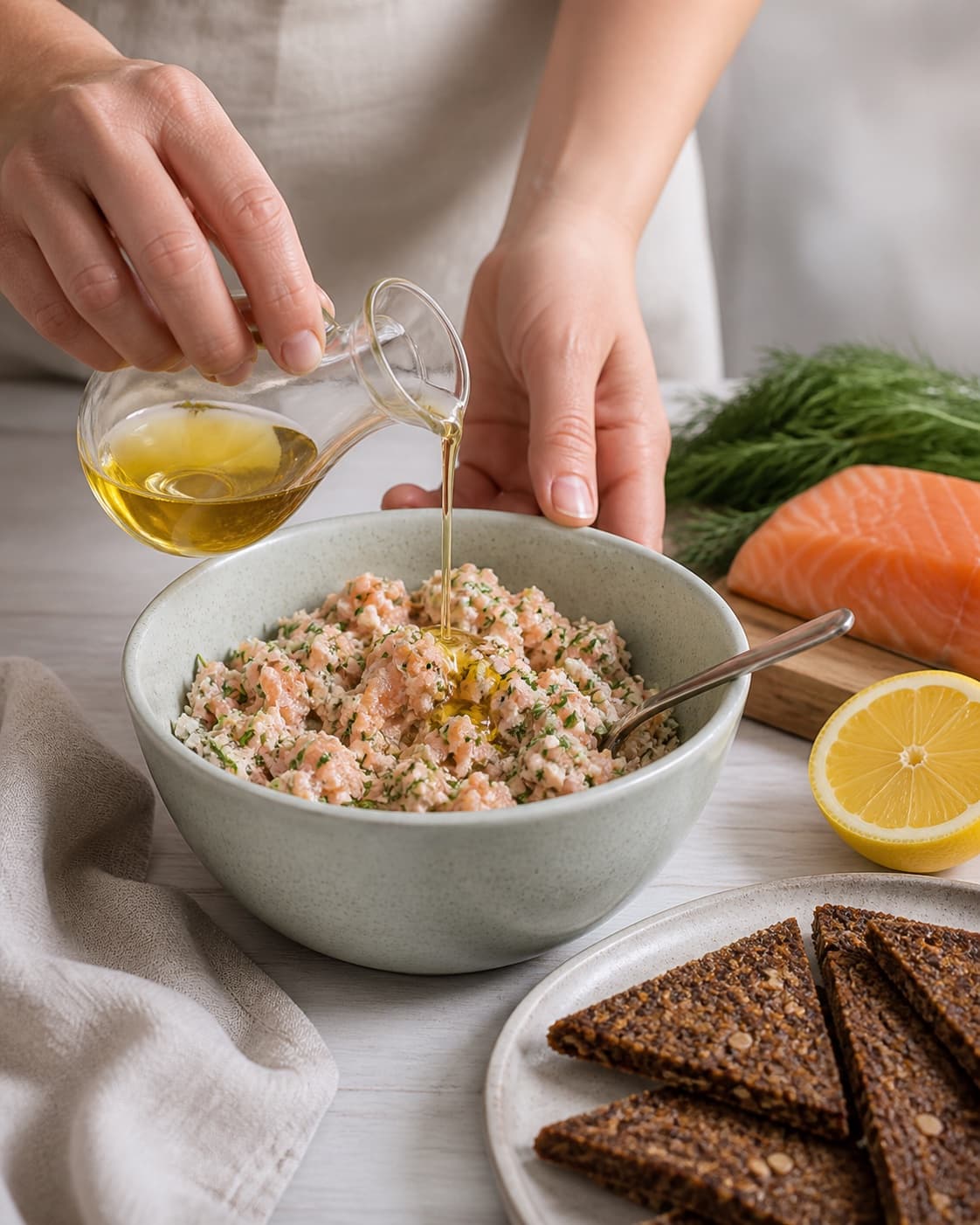 Clean prepared ingredients for lakserilette med krydderurter og ristet rugbrød with laksefilet, mørkt rugbrød, økologisk citron, ekstra jomfruolivenolie under tilberedningen af lakserilette med krydderurter og ristet rugbrød