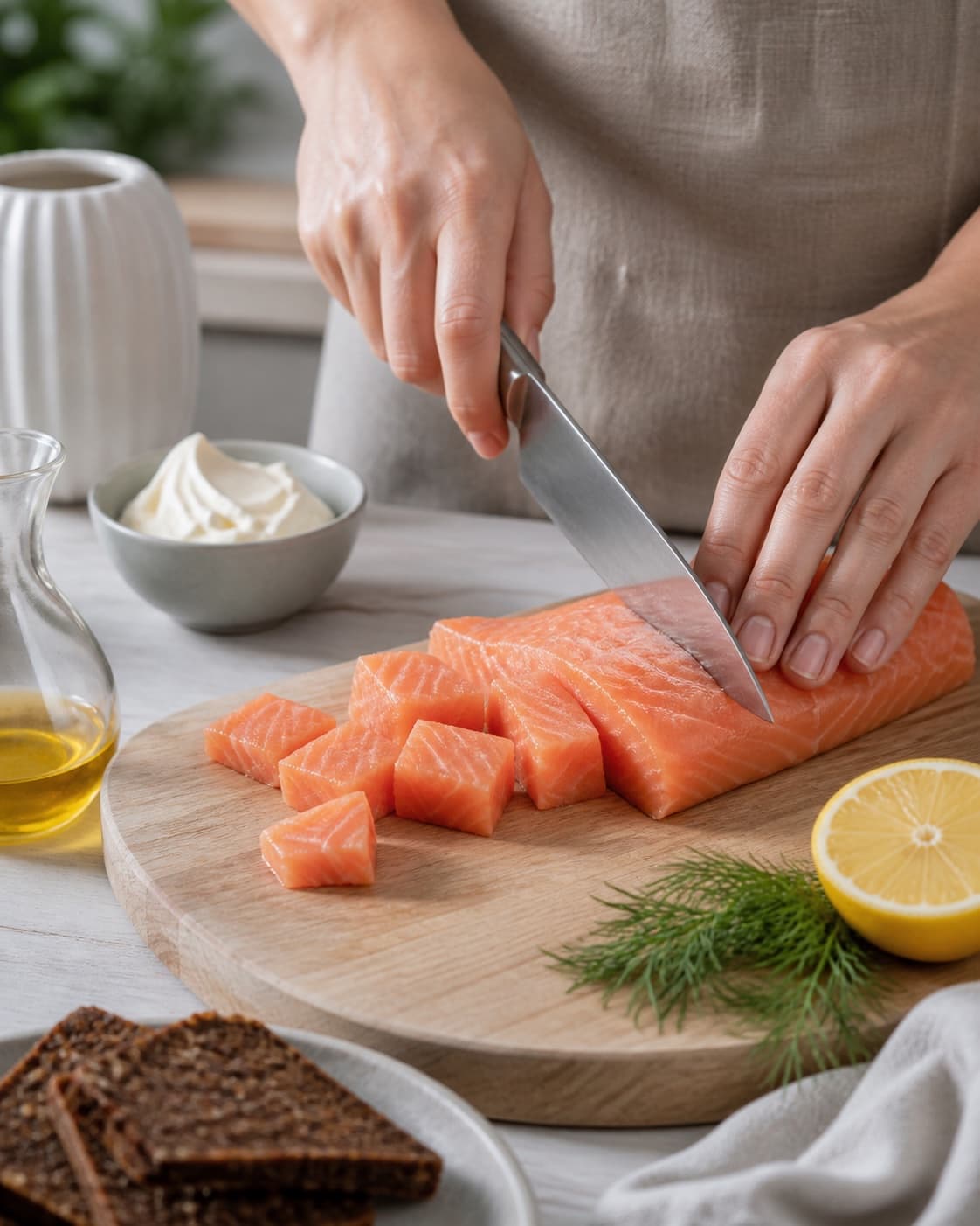 Ingredients for lakserilette med krydderurter og ristet rugbrød being cut into even pieces under tilberedningen af lakserilette med krydderurter og ristet rugbrød