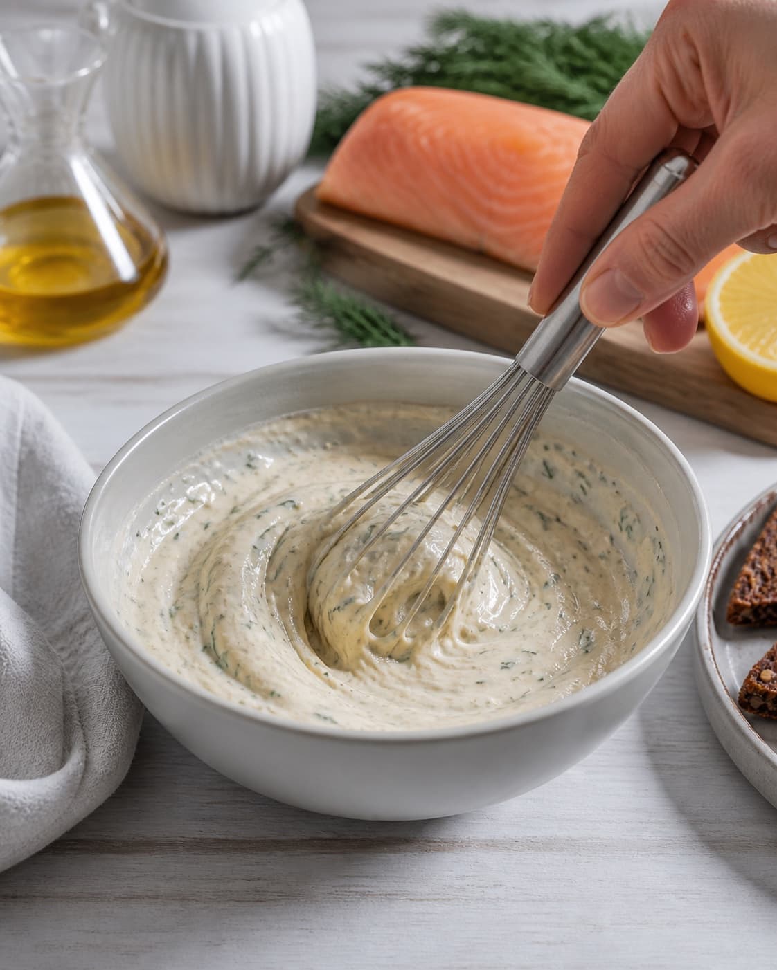Dressing for lakserilette med krydderurter og ristet rugbrød being whisked until glossy under tilberedningen af lakserilette med krydderurter og ristet rugbrød