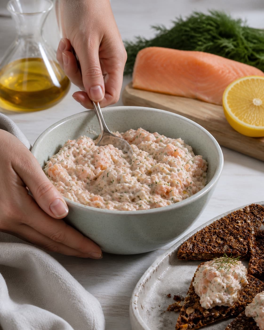 lakserilette med krydderurter og ristet rugbrød being gently combined without crushing the ingredients under tilberedningen af lakserilette med krydderurter og ristet rugbrød