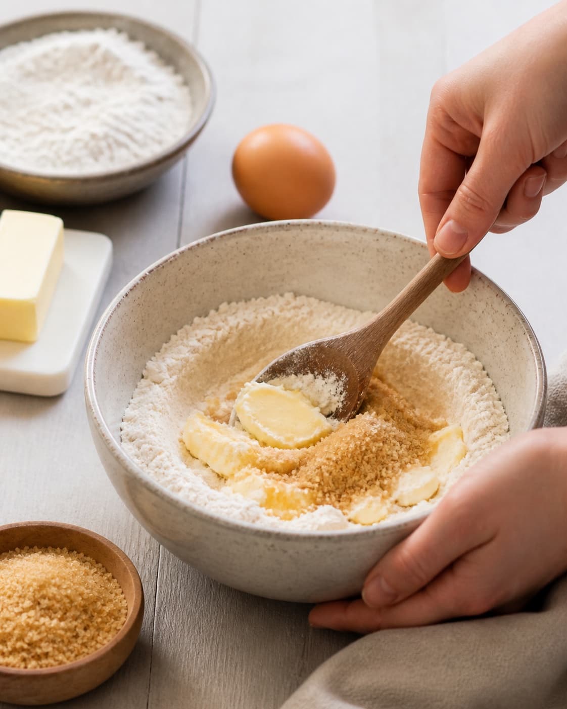 Measured ingredients for pebernødder arranged separately with hvedemel, smør, rørsukker, æg under tilberedningen af pebernødder