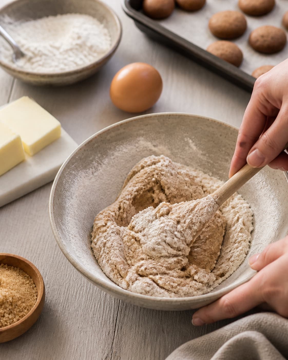 The batter or dough for pebernødder being gently combined under tilberedningen af pebernødder