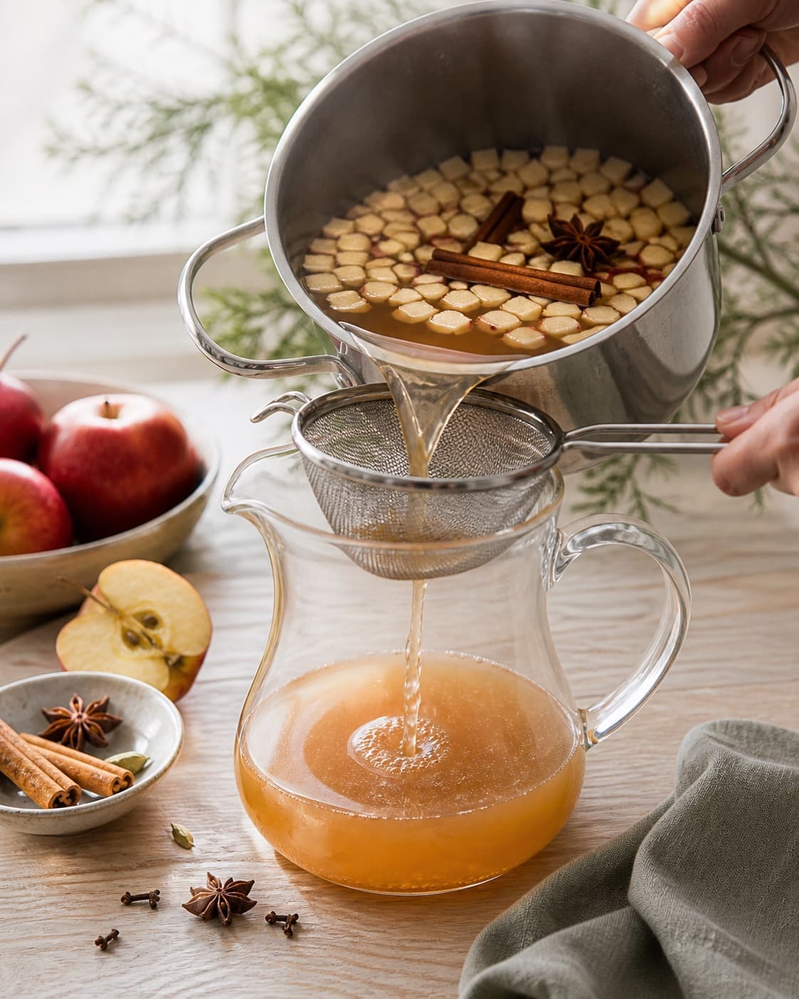 æblegløgg med eller uden alkohol being strained into a clean pitcher under tilberedningen af æblegløgg med eller uden alkohol