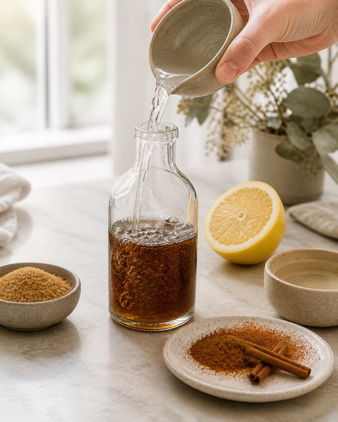 Clean measured ingredients and prepared jars for kanelsirup with stødt kanel, rørsukker, vand, økologisk citron under tilberedningen af kanelsirup