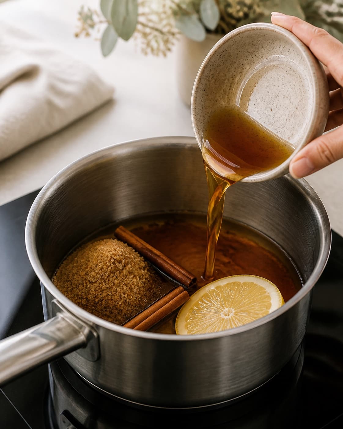 Ingredients for kanelsirup gently releasing juice in a pot under tilberedningen af kanelsirup