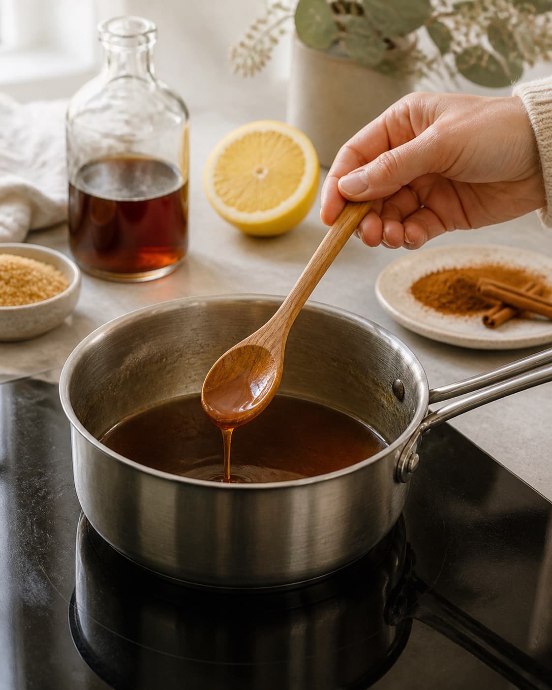 kanelsirup simmering to a glossy even consistency under tilberedningen af kanelsirup