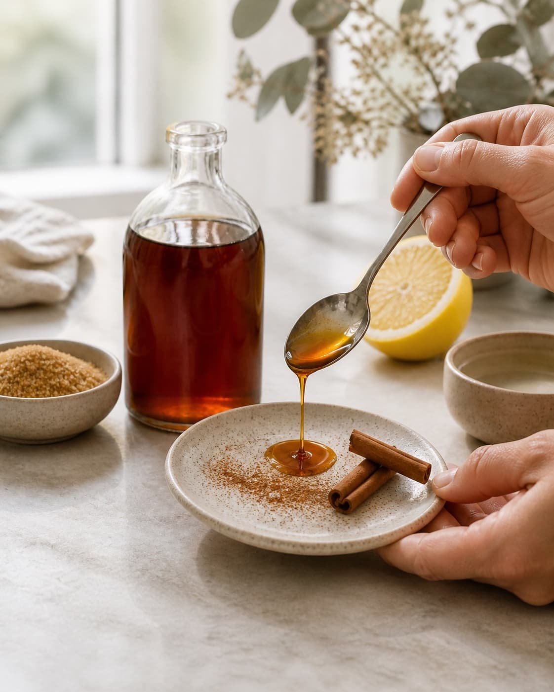 A chilled consistency test for kanelsirup on a small plate under tilberedningen af kanelsirup