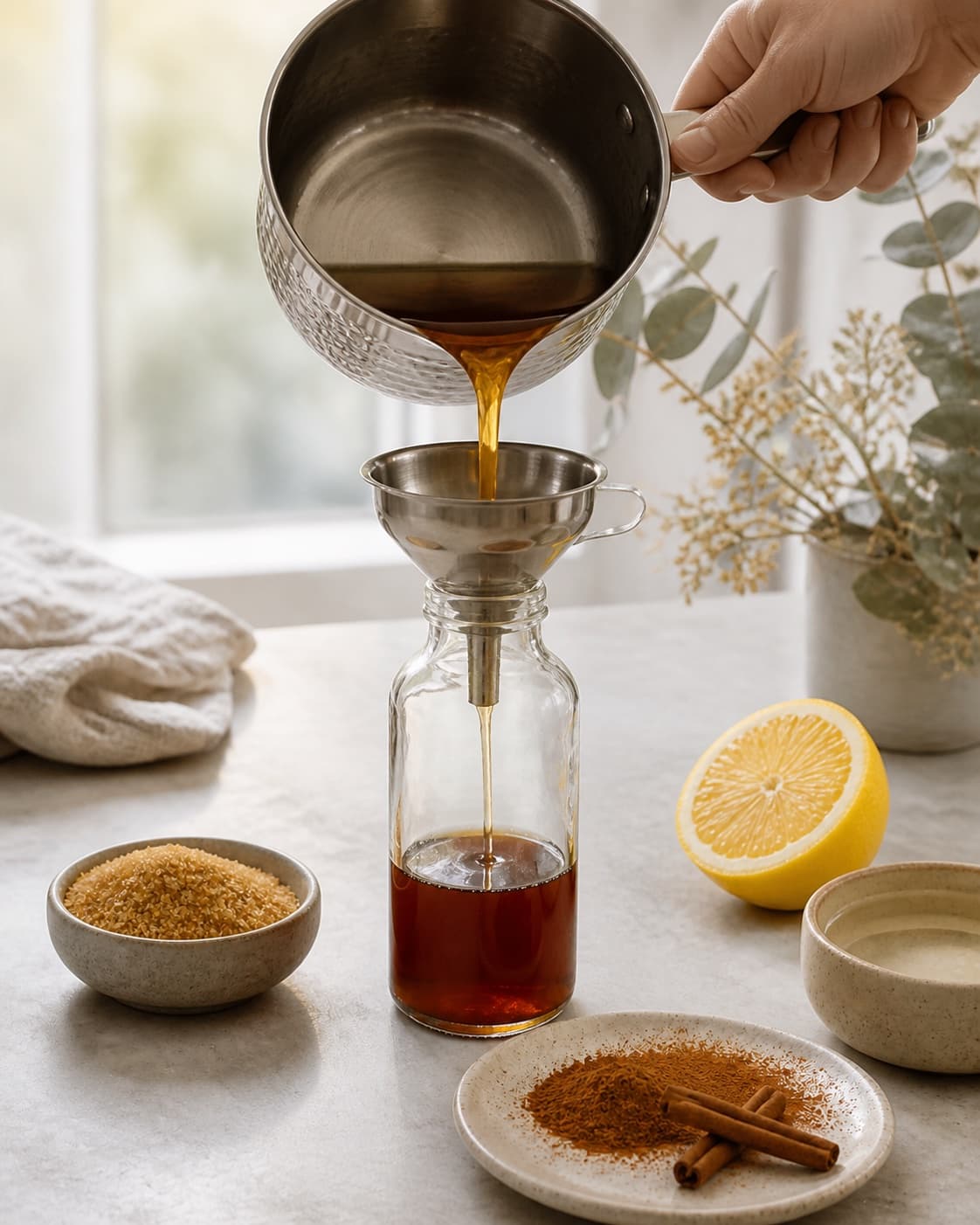 Hot finished kanelsirup being carefully transferred into a clean jar under tilberedningen af kanelsirup