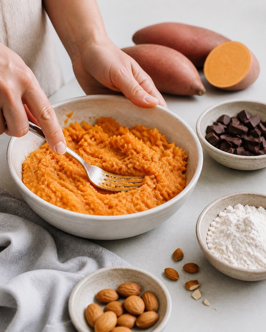 Measured ingredients for sød kartoffelbrownie med chokolade og mandler arranged separately with mandler, mørk chokolade, søde kartofler, hvedemel under tilberedningen af sød kartoffelbrownie med chokolade og mandler