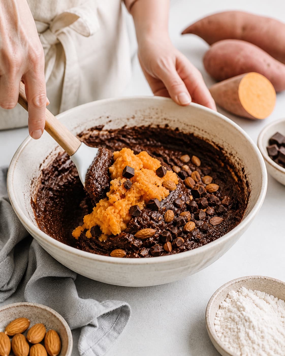 The batter or dough for sød kartoffelbrownie med chokolade og mandler being gently combined under tilberedningen af sød kartoffelbrownie med chokolade og mandler
