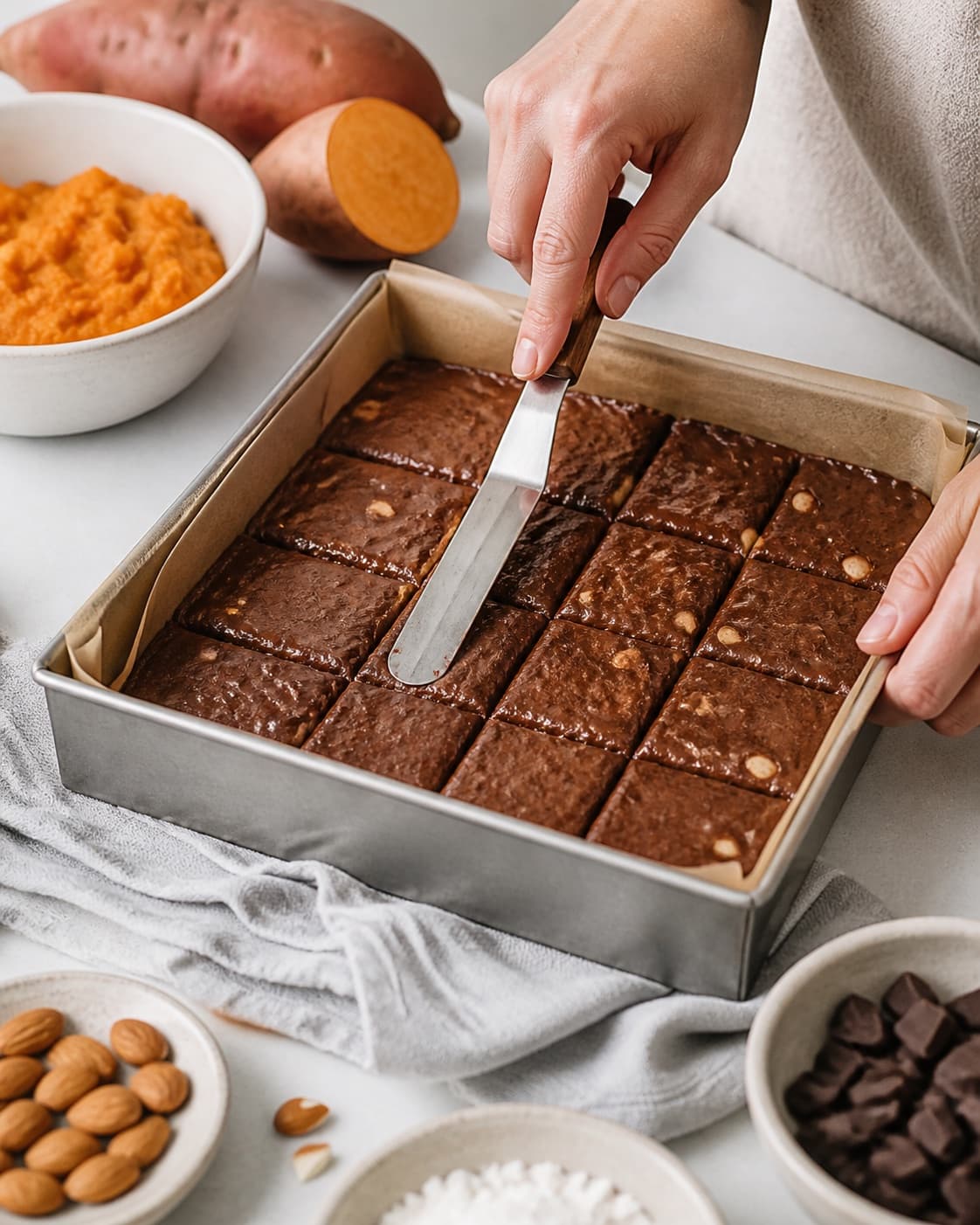 sød kartoffelbrownie med chokolade og mandler being portioned evenly before baking under tilberedningen af sød kartoffelbrownie med chokolade og mandler