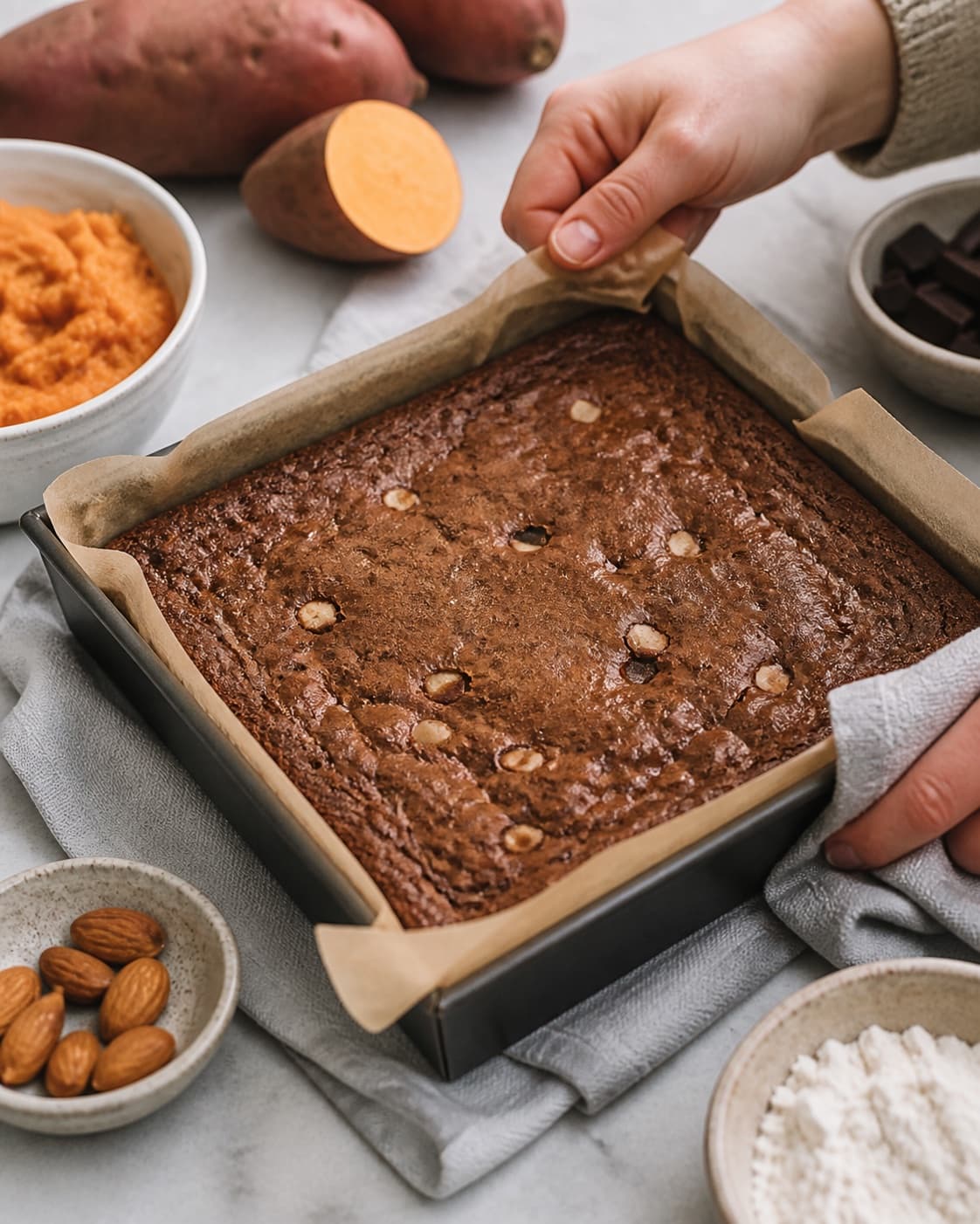 sød kartoffelbrownie med chokolade og mandler baking until golden with a visibly set centre under tilberedningen af sød kartoffelbrownie med chokolade og mandler