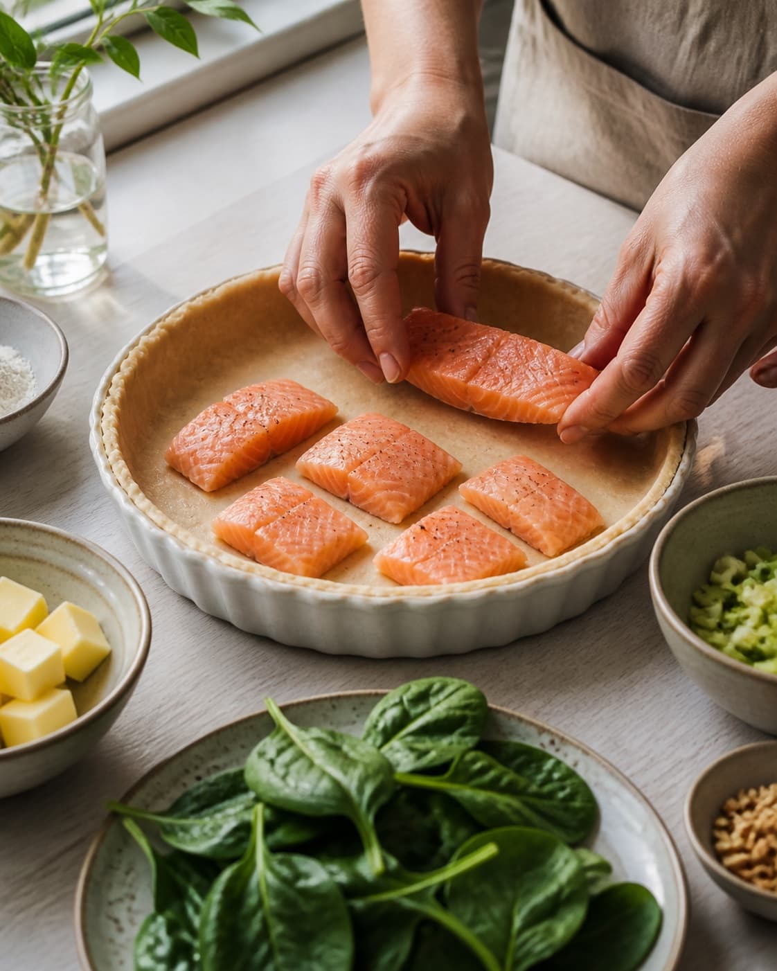 Measured ingredients for tærte med laks og spinat arranged separately with laksefilet, frisk spinat, hvedemel, smør under tilberedningen af tærte med laks og spinat