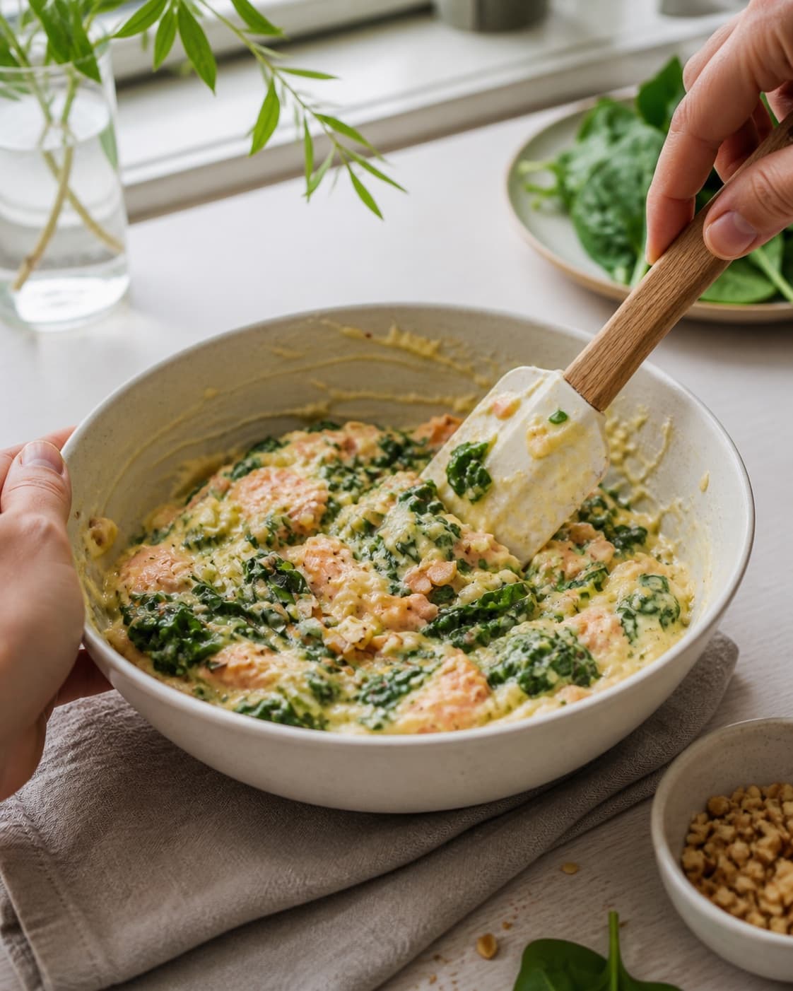 The batter or dough for tærte med laks og spinat being gently combined under tilberedningen af tærte med laks og spinat