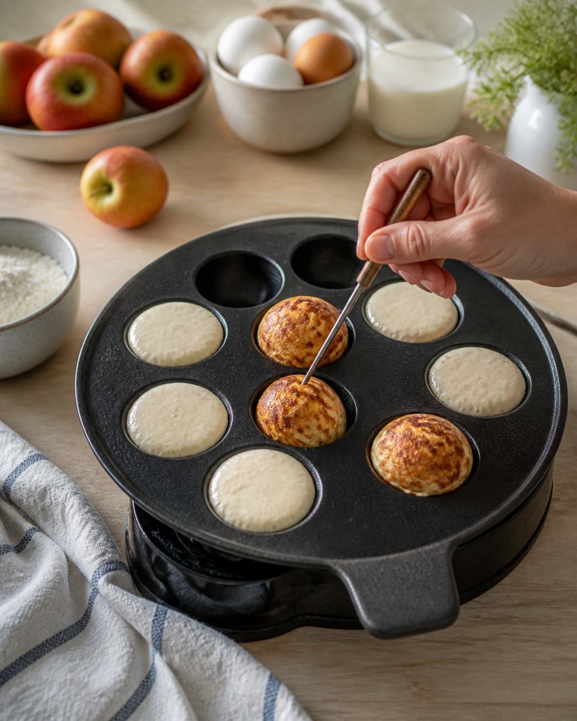 Equal portions of æbleskiver med kærnemælk being formed under tilberedningen af æbleskiver med kærnemælk