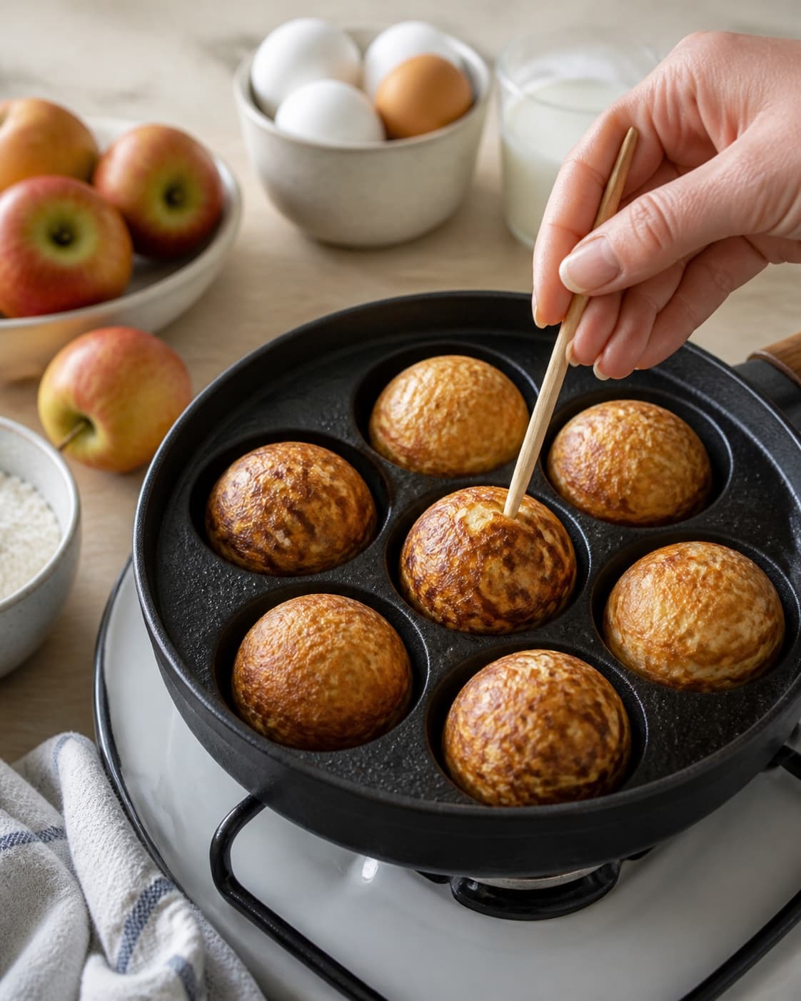 æbleskiver med kærnemælk frying to an even golden crust in a pan under tilberedningen af æbleskiver med kærnemælk