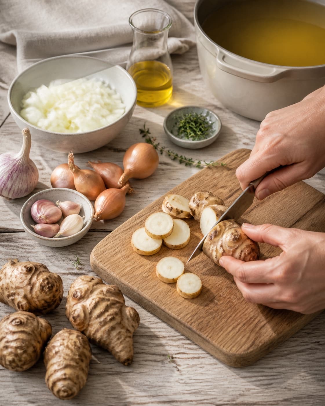 Mise en place for jordskokkesuppe med urteolie with jordskokker, zittauerløg, hvidløg, grøntsags- eller kødfond under tilberedningen af jordskokkesuppe med urteolie