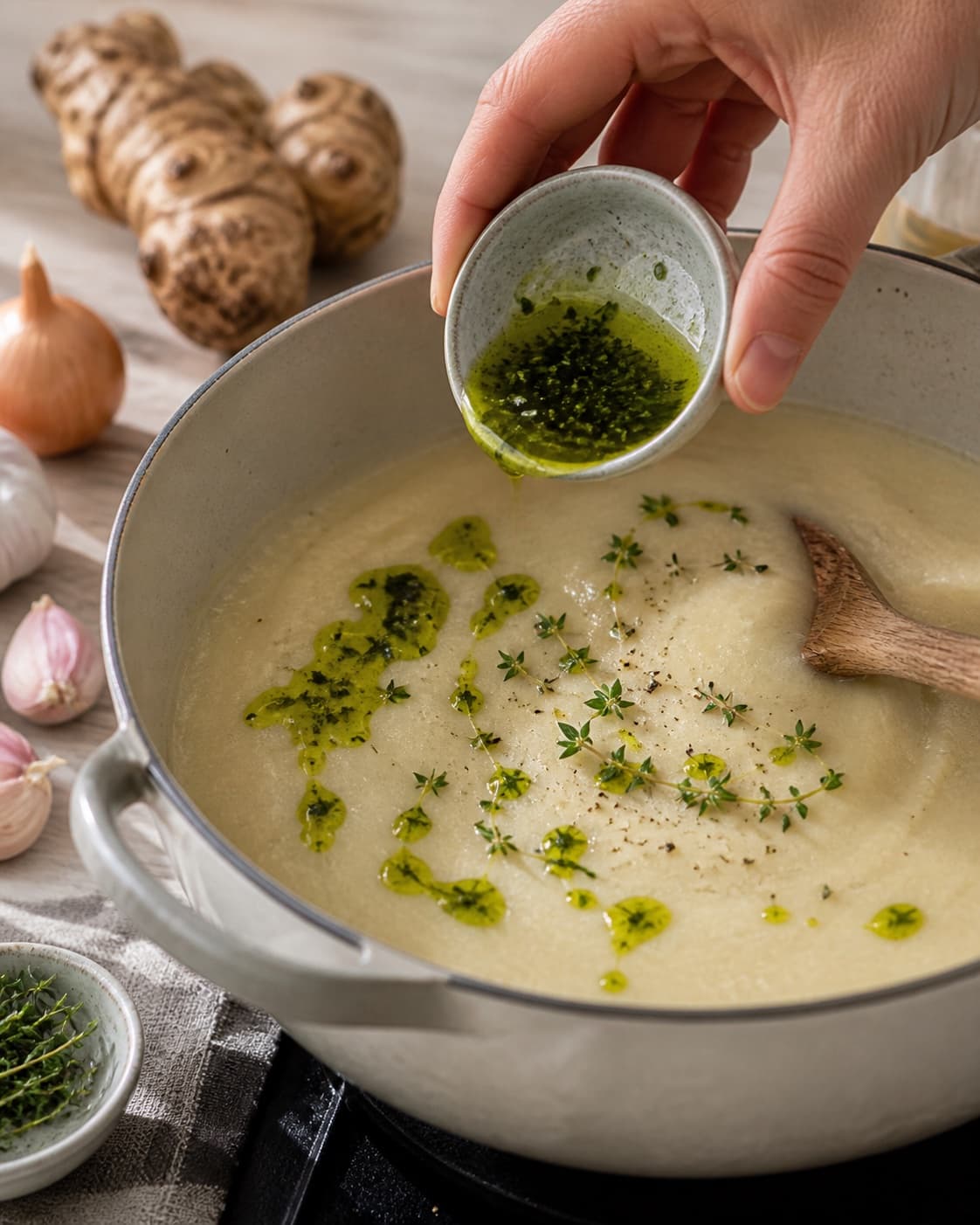jordskokkesuppe med urteolie gently simmering with visible ingredients under tilberedningen af jordskokkesuppe med urteolie