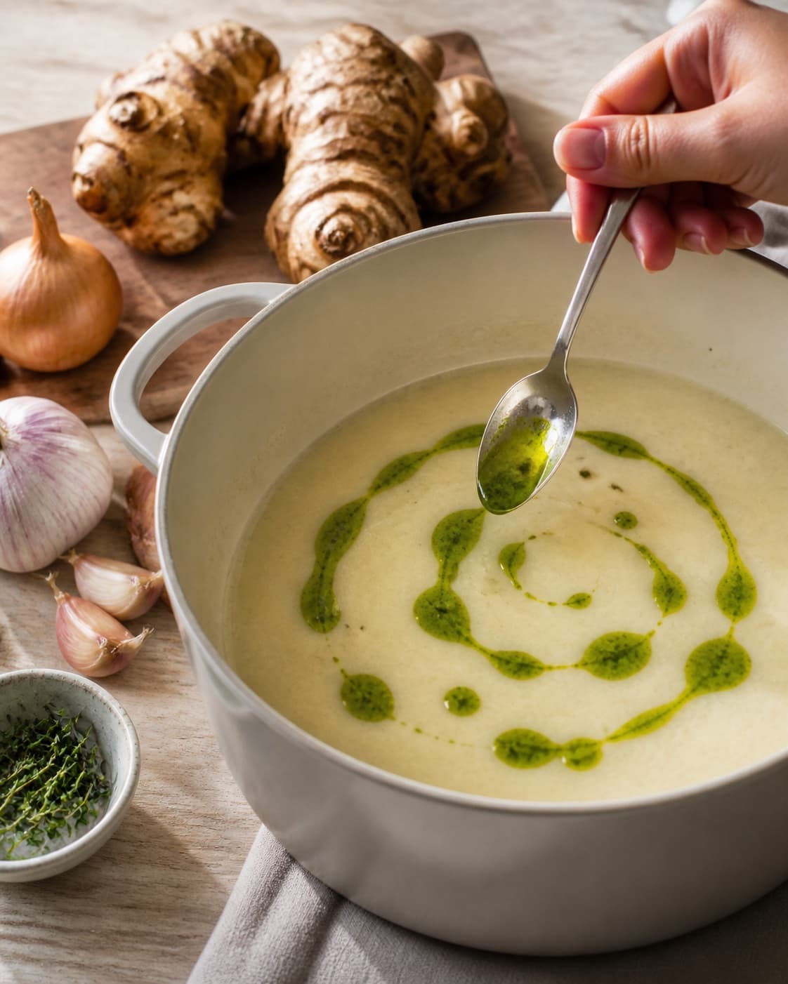 The texture of jordskokkesuppe med urteolie being adjusted in the pot under tilberedningen af jordskokkesuppe med urteolie