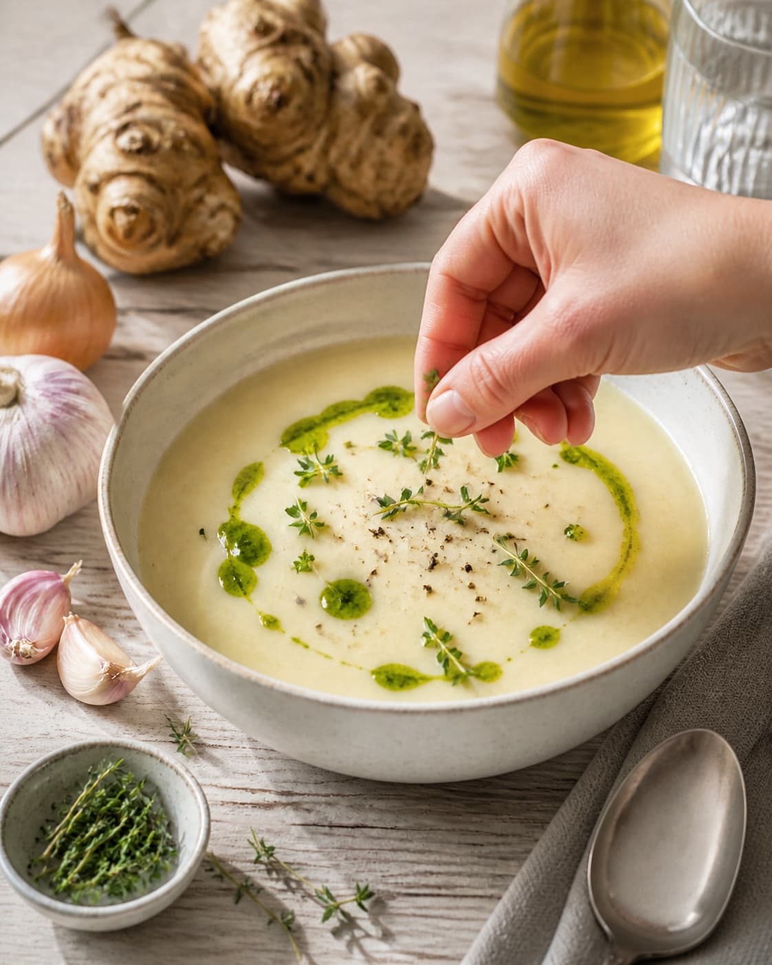 Finished jordskokkesuppe med urteolie being served with a fresh restrained garnish under tilberedningen af jordskokkesuppe med urteolie