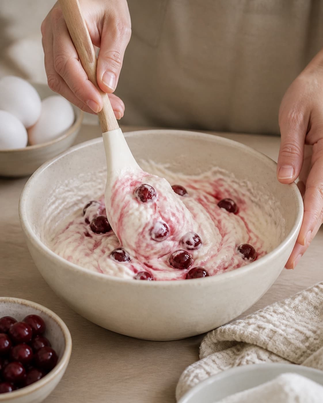 The batter or dough for julevafler med kirsebærskum being gently combined under tilberedningen af julevafler med kirsebærskum