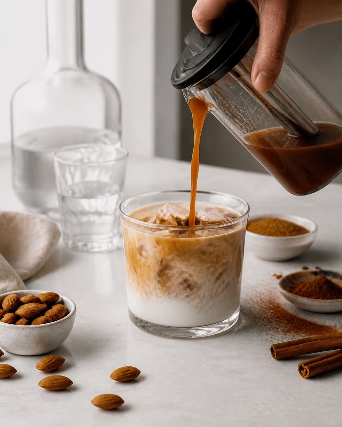 Flavour being extracted for white russian med kanelsirup og mandel under tilberedningen af white russian med kanelsirup og mandel