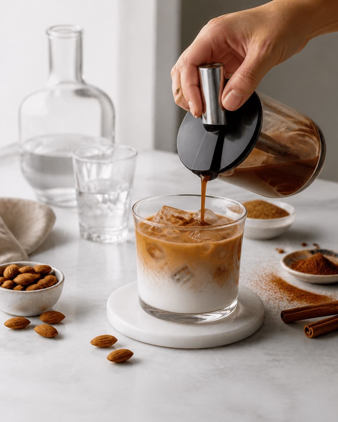 The flavour balance of white russian med kanelsirup og mandel being adjusted under tilberedningen af white russian med kanelsirup og mandel