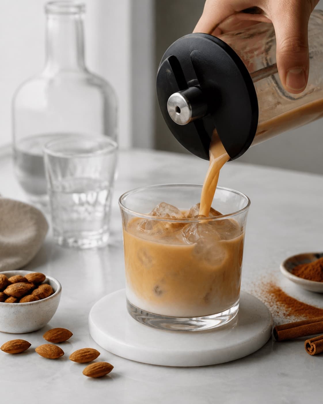 Finished white russian med kanelsirup og mandel being poured into a clean serving glass under tilberedningen af white russian med kanelsirup og mandel