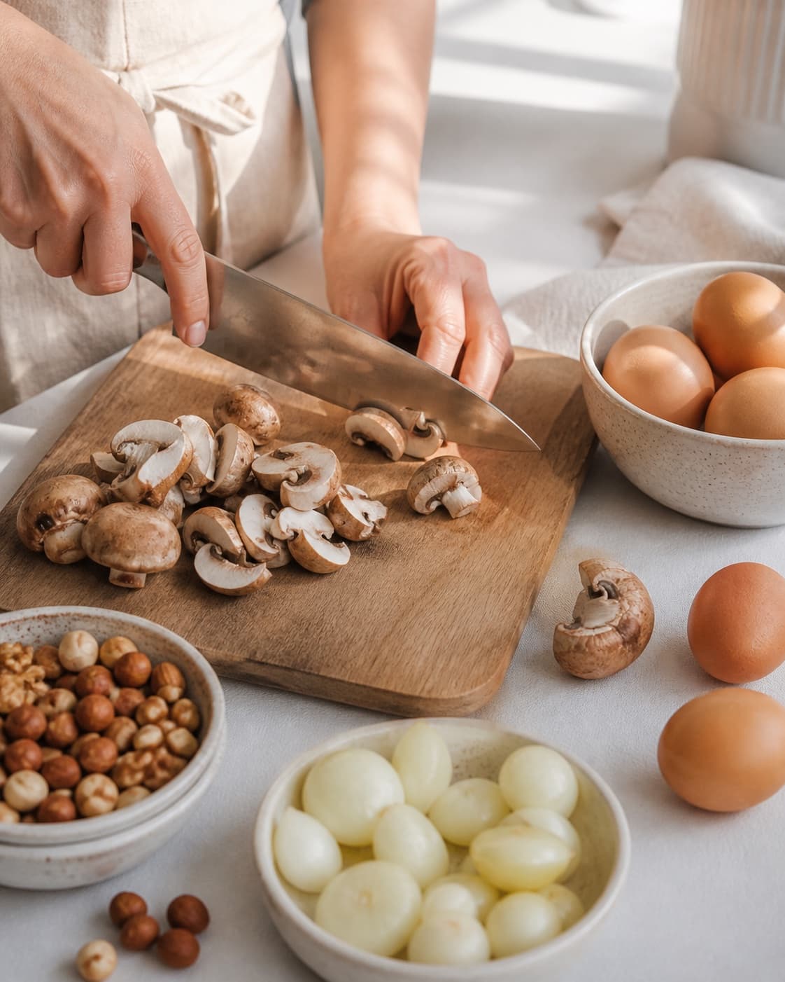 Measured ingredients for nøddepostej med svampe arranged separately with brune champignoner, blandede nødder, æg, zittauerløg under tilberedningen af nøddepostej med svampe