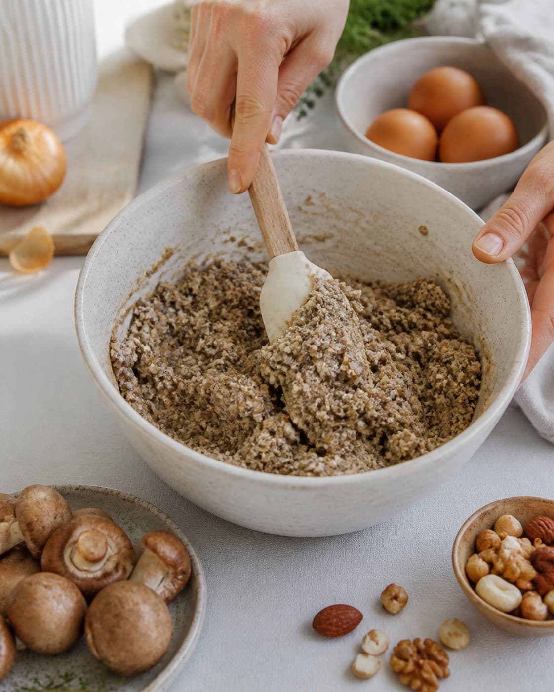 The batter or dough for nøddepostej med svampe being gently combined under tilberedningen af nøddepostej med svampe