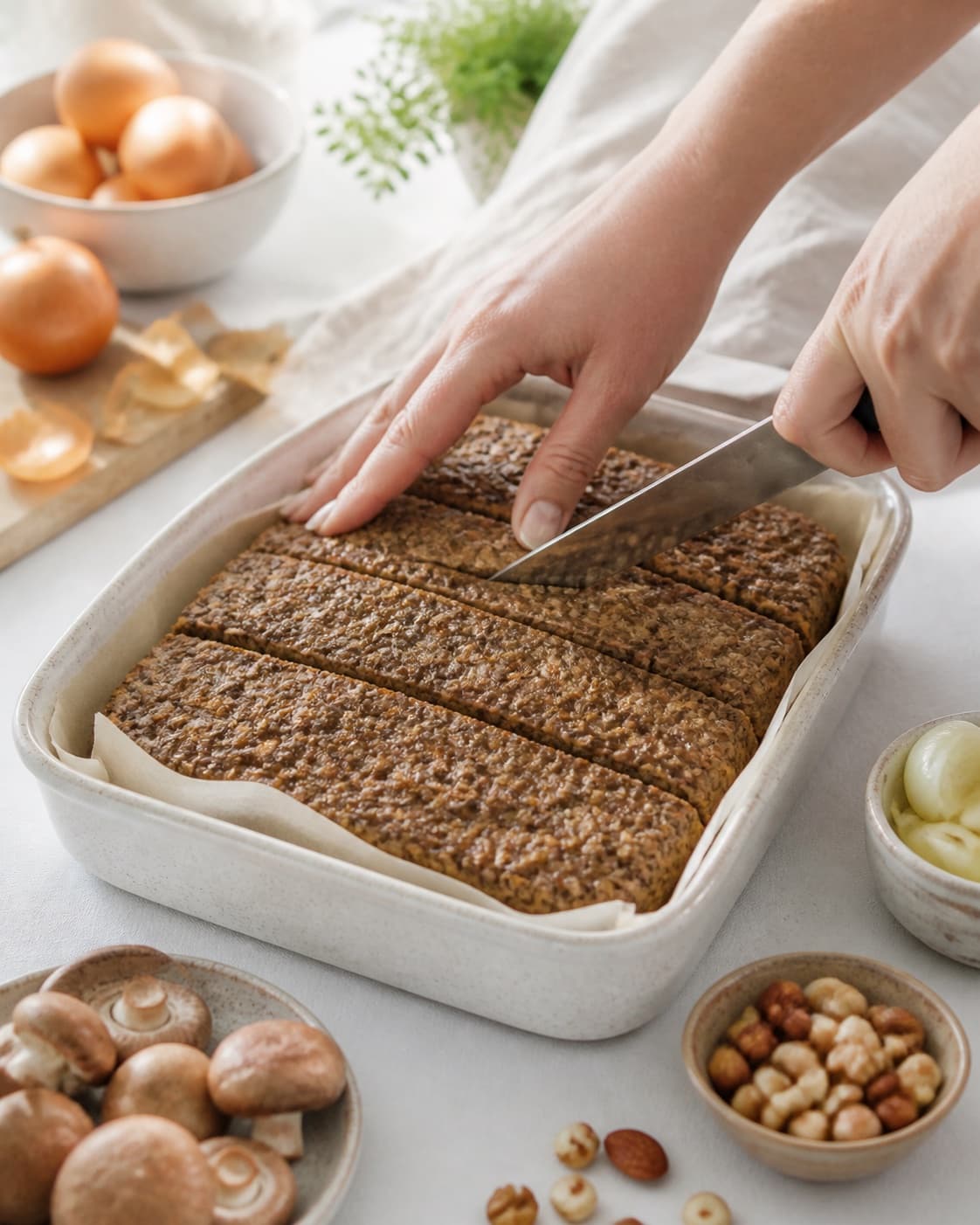 nøddepostej med svampe being portioned evenly before baking under tilberedningen af nøddepostej med svampe