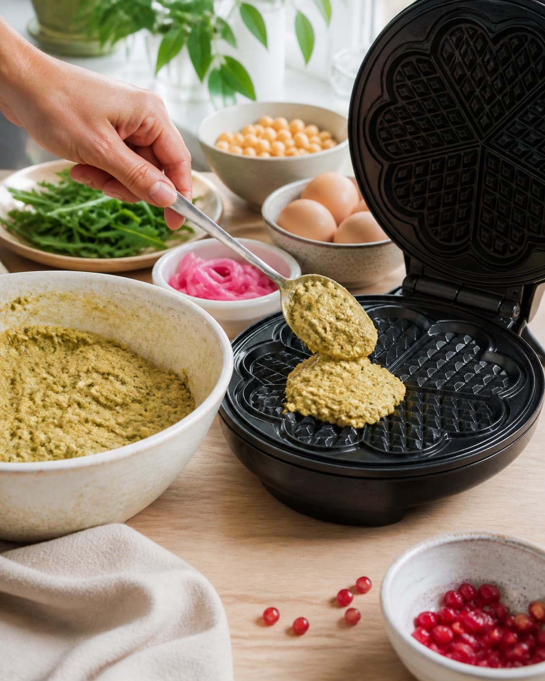 Rested cohesive mixture for falafel vaffel med forskellige toppings ready for the pan under tilberedningen af falafel vaffel med forskellige toppings