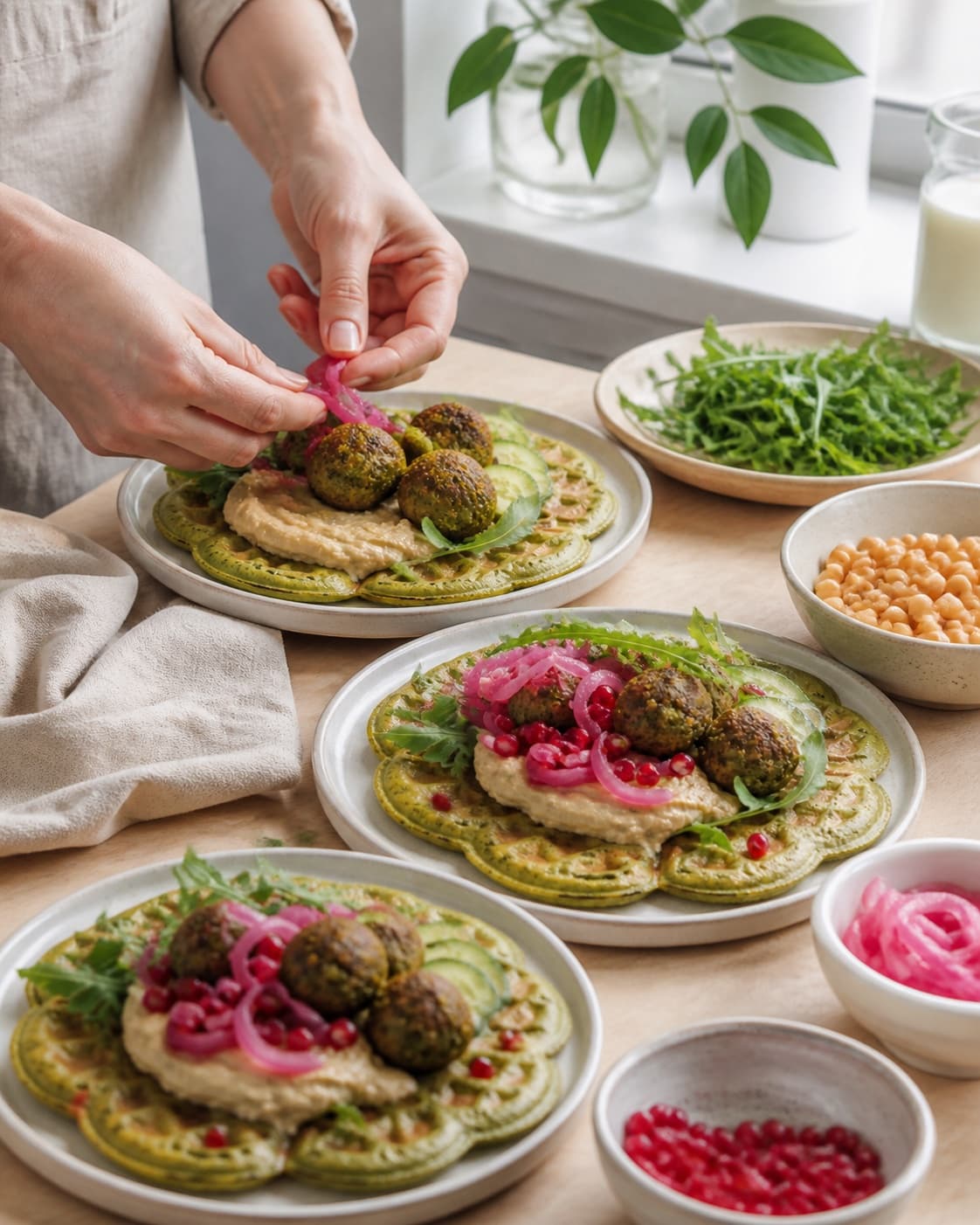 Equal portions of falafel vaffel med forskellige toppings being formed under tilberedningen af falafel vaffel med forskellige toppings