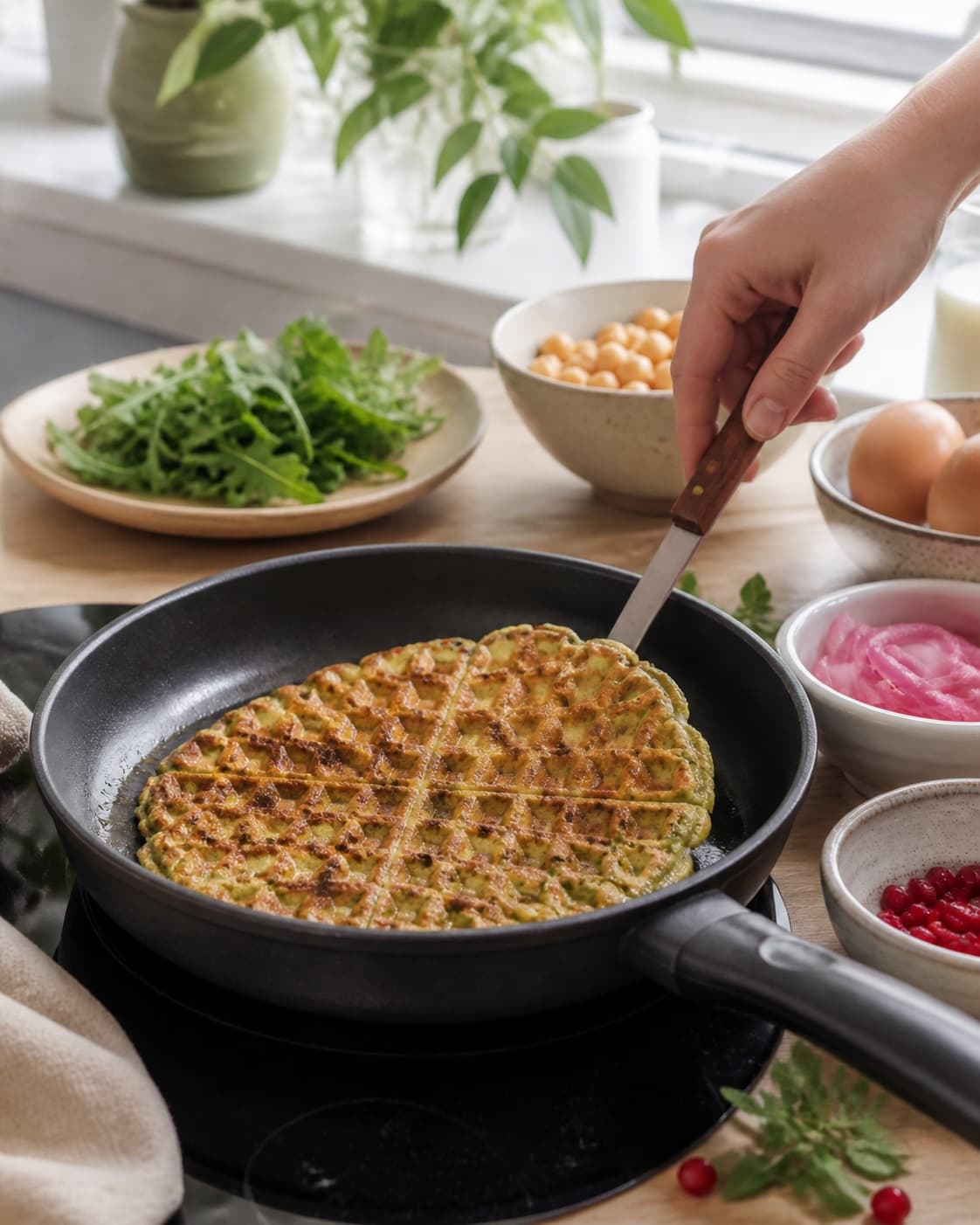 falafel vaffel med forskellige toppings frying to an even golden crust in a pan under tilberedningen af falafel vaffel med forskellige toppings
